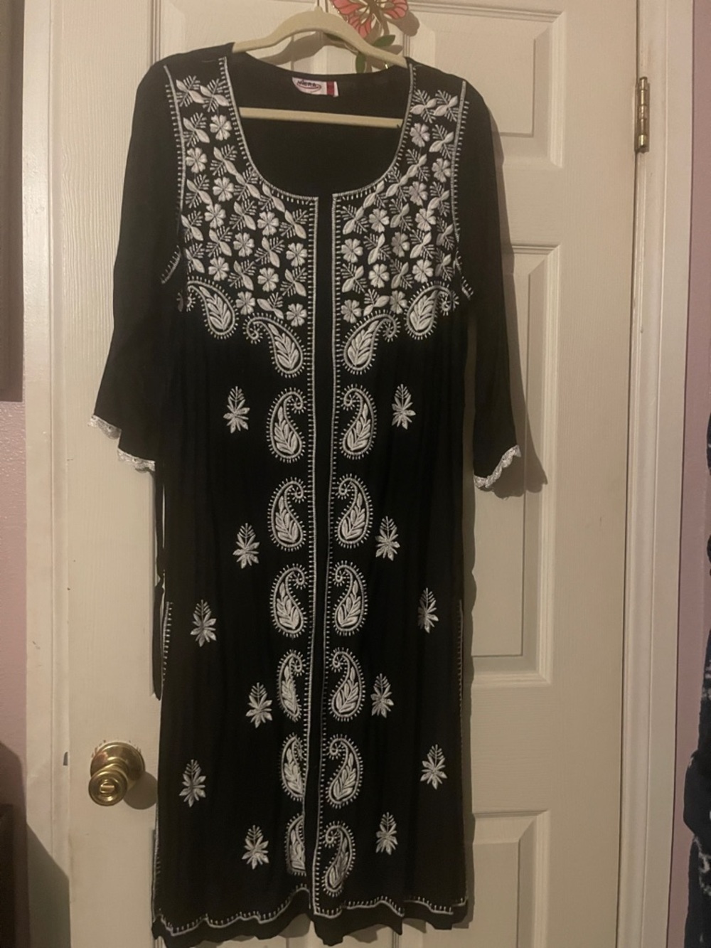 MEXICANA Black Midi Dress with White Floral Embroidery